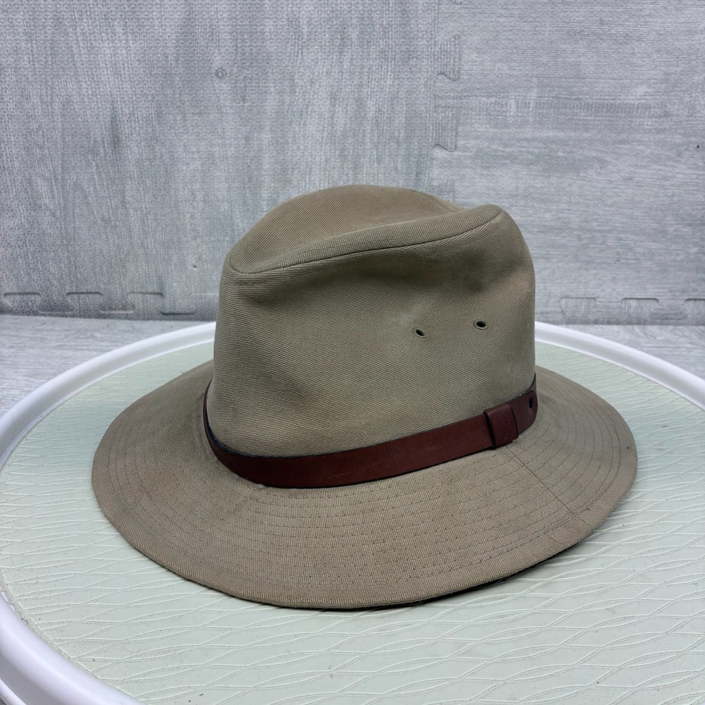 Vintage REI Safari Fedora Hat Mens Medium Tan Leather Band Wide Brim USA Made